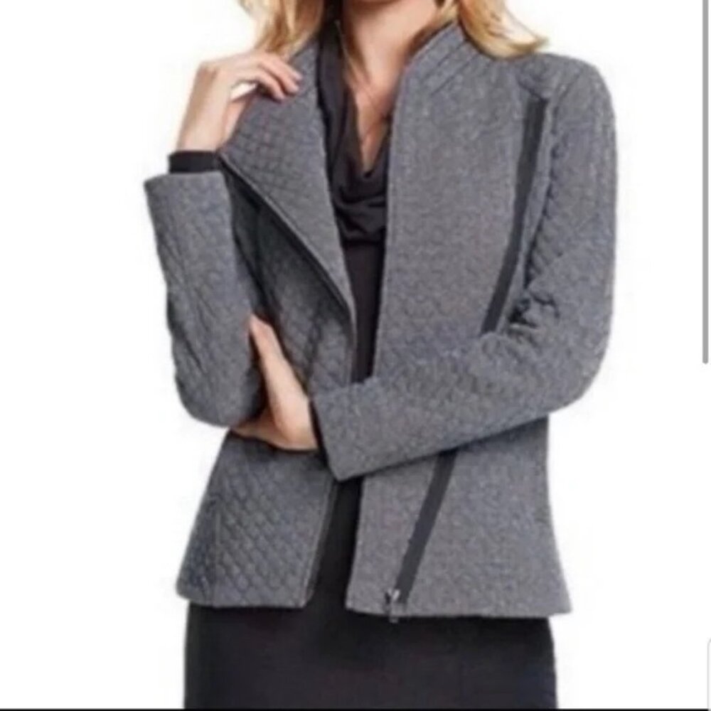 CABI Quilted Herringbone Moto Style Jacket Gray Sz S #3025 EUC